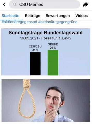 CSU-Memes: Grüner Balken höher als der schwarze. Darunter eine Person vor einem Galgenstrick